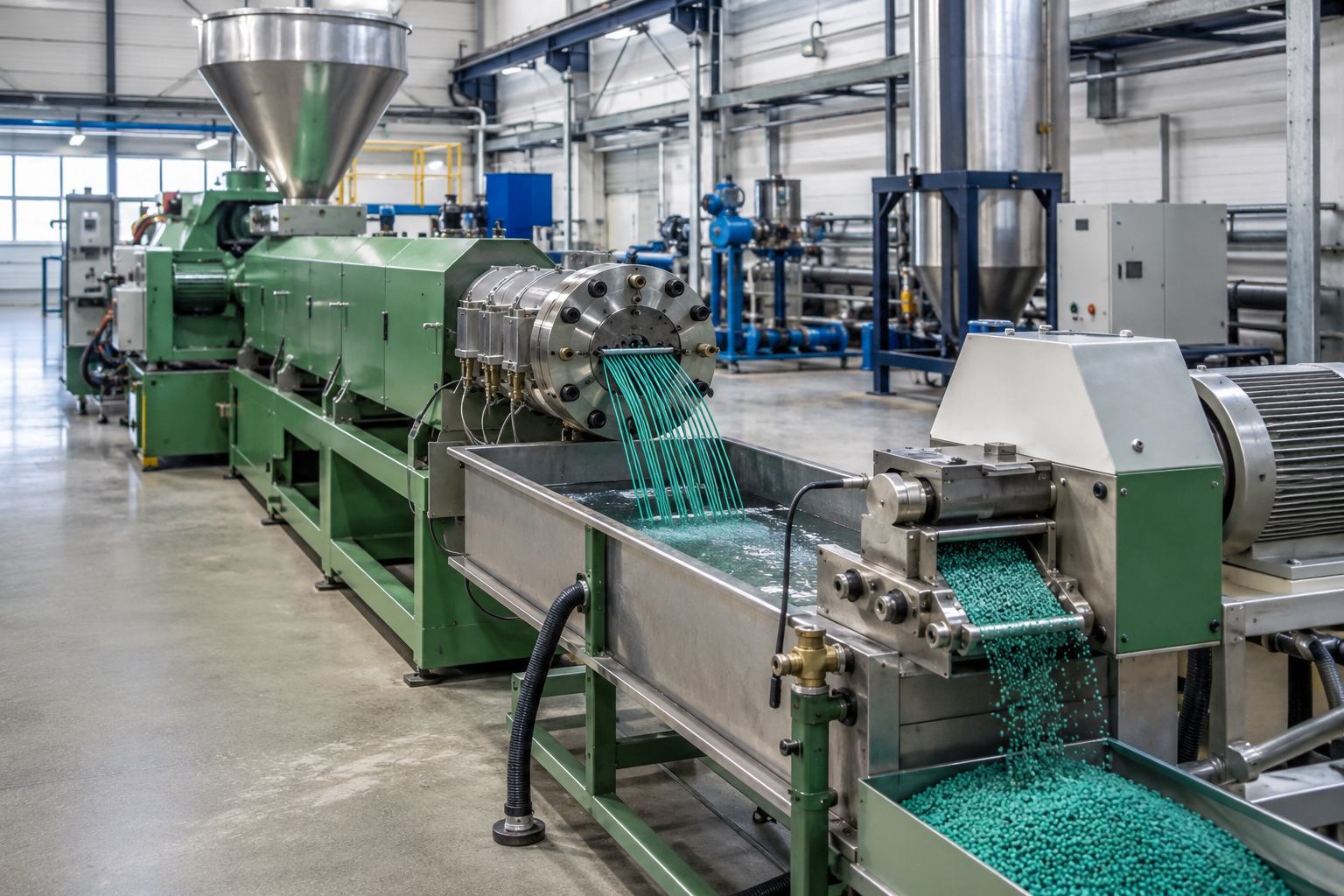 Linha de extrusão dupla rosca produzindo masterbatch, com grânulos saindo do granulador