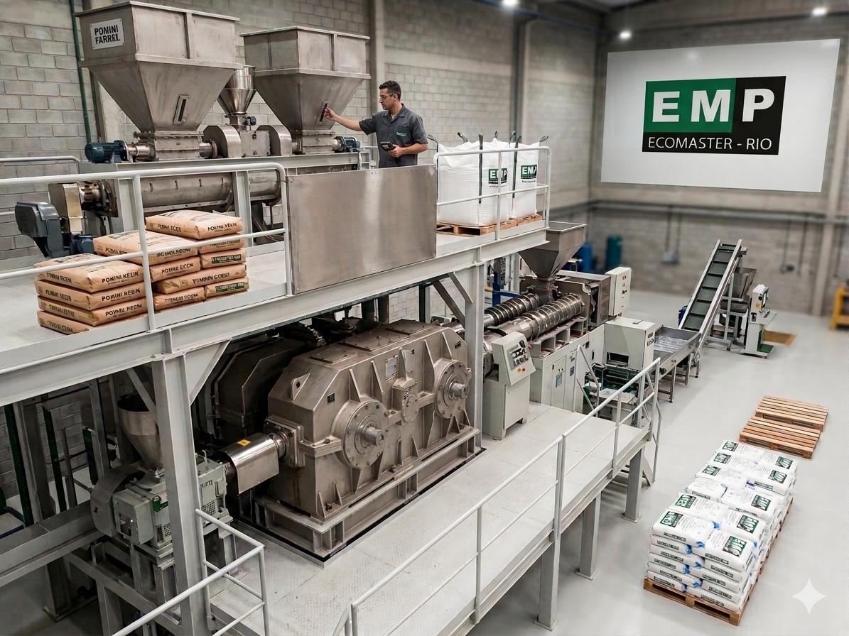 Línea de extrusión de doble husillo de la planta Ecomaster-Rio, con operador en el panel de control